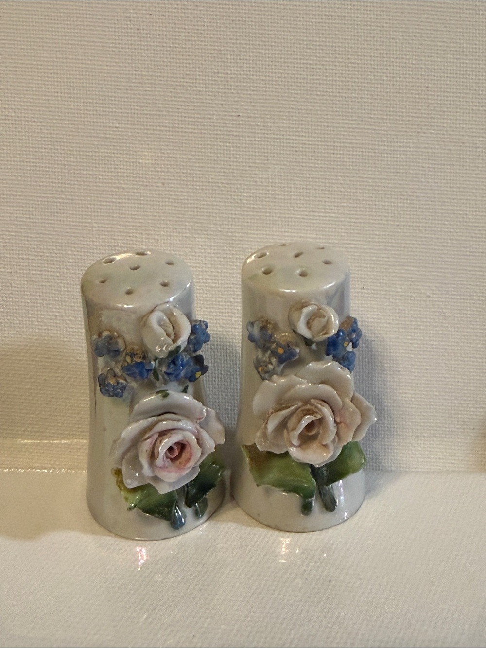 Vintage German Porcelain Salt & Pepper Shakers Applied Roses & Forget-Me-Nots